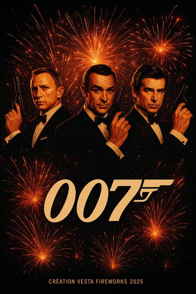Affiche du spectacle James Bond de Vesta Fireworks avec les agents 007 interprétés par Daniel Craig, Sean Connery et Pierce Brosnan sur fond de feux d'artifice.