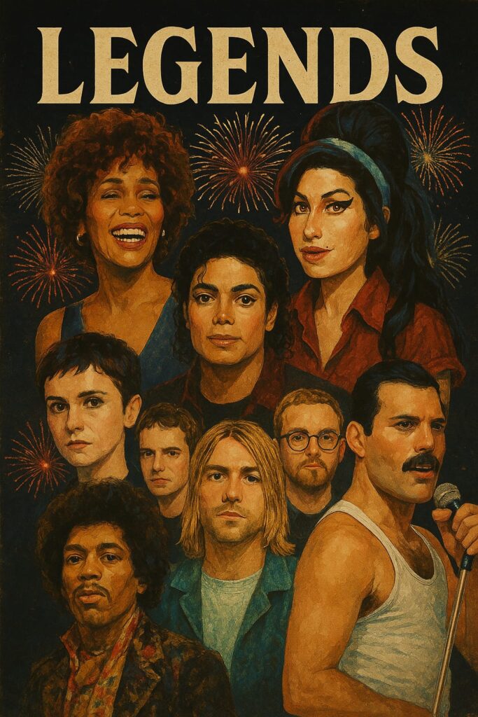 Affiche du spectacle Legends de Vesta Fireworks avec des portraits de Whitney Houston, Michael Jackson, Amy Winehouse, Freddie Mercury et d’autres icônes de la musique devant des feux d'artifice.